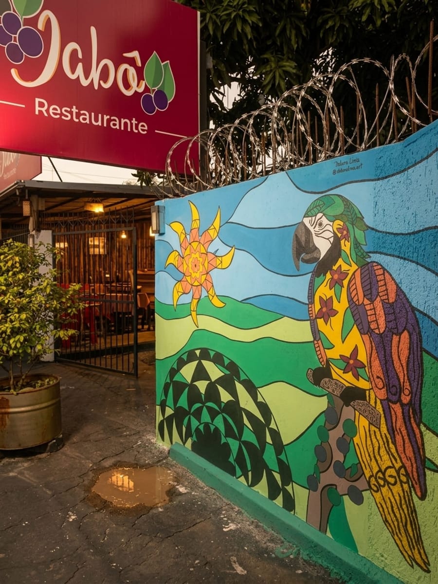 Fachada da unidade Centro com mural artístico da arara