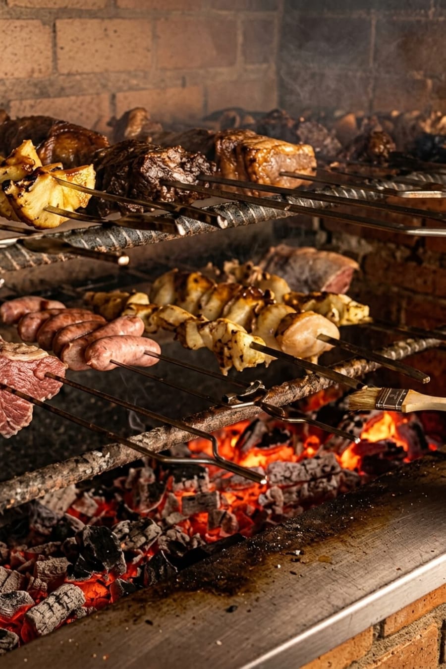 Carnes no espeto sendo assadas na brasa do Jaboticabas